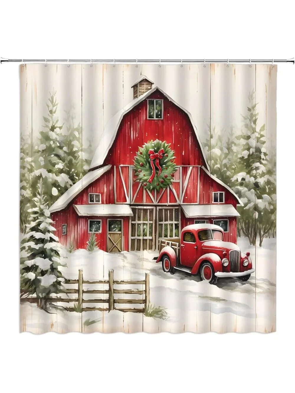 Rustic Farmhouse Christmas Shower Curtain - Red Truck, Pine Trees, Snowflakes